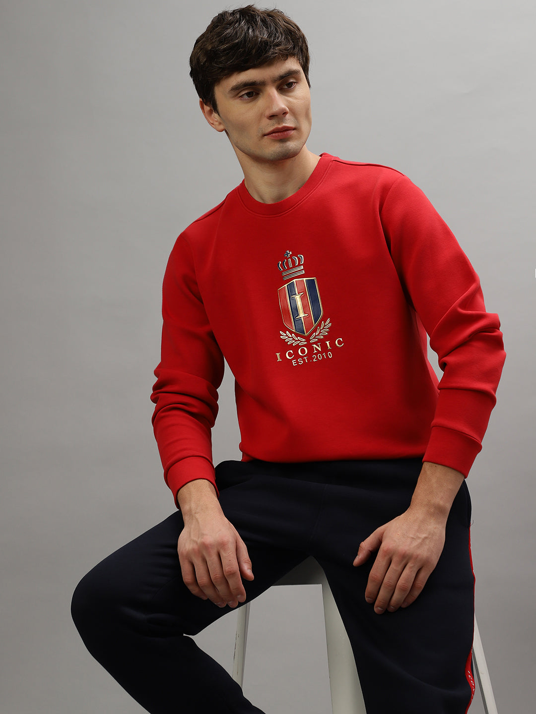 Iconic Men Red Solid Round Neck Full Sleeves Sweatshirt