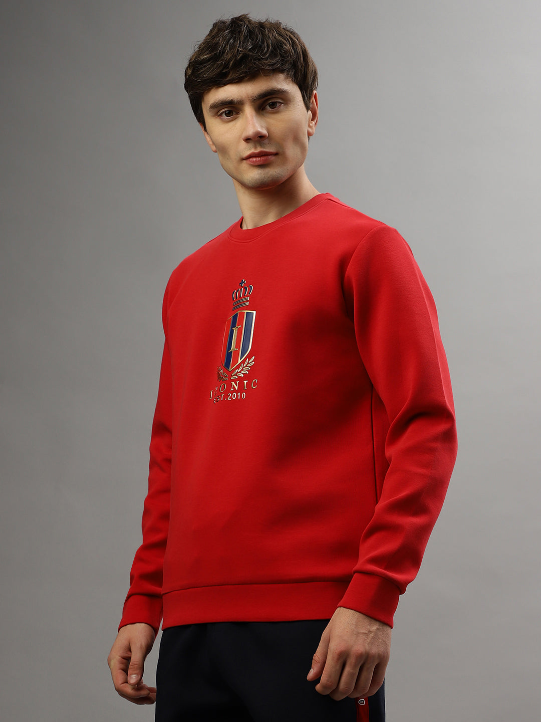 Iconic Men Red Solid Round Neck Full Sleeves Sweatshirt