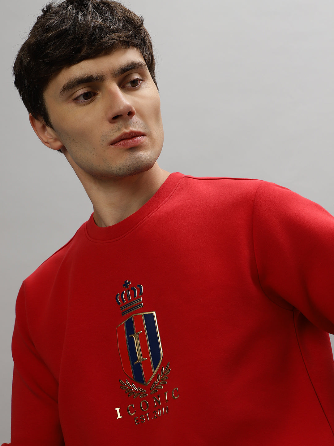 Iconic Men Red Solid Round Neck Full Sleeves Sweatshirt