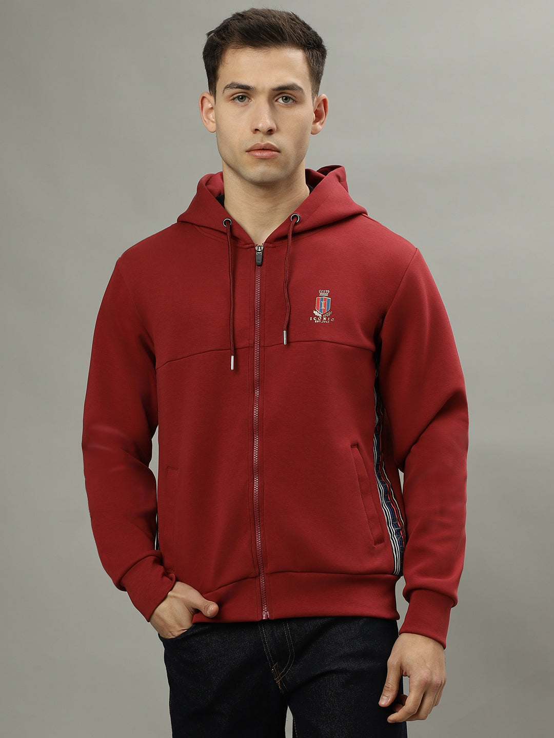 Iconic Men Red Solid Hooded Full Sleeves Jacket