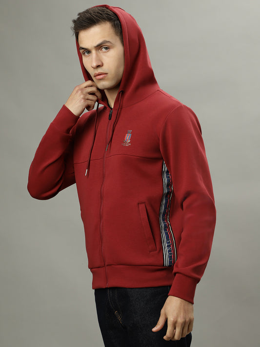 Iconic Men Red Solid Hooded Full Sleeves Jacket