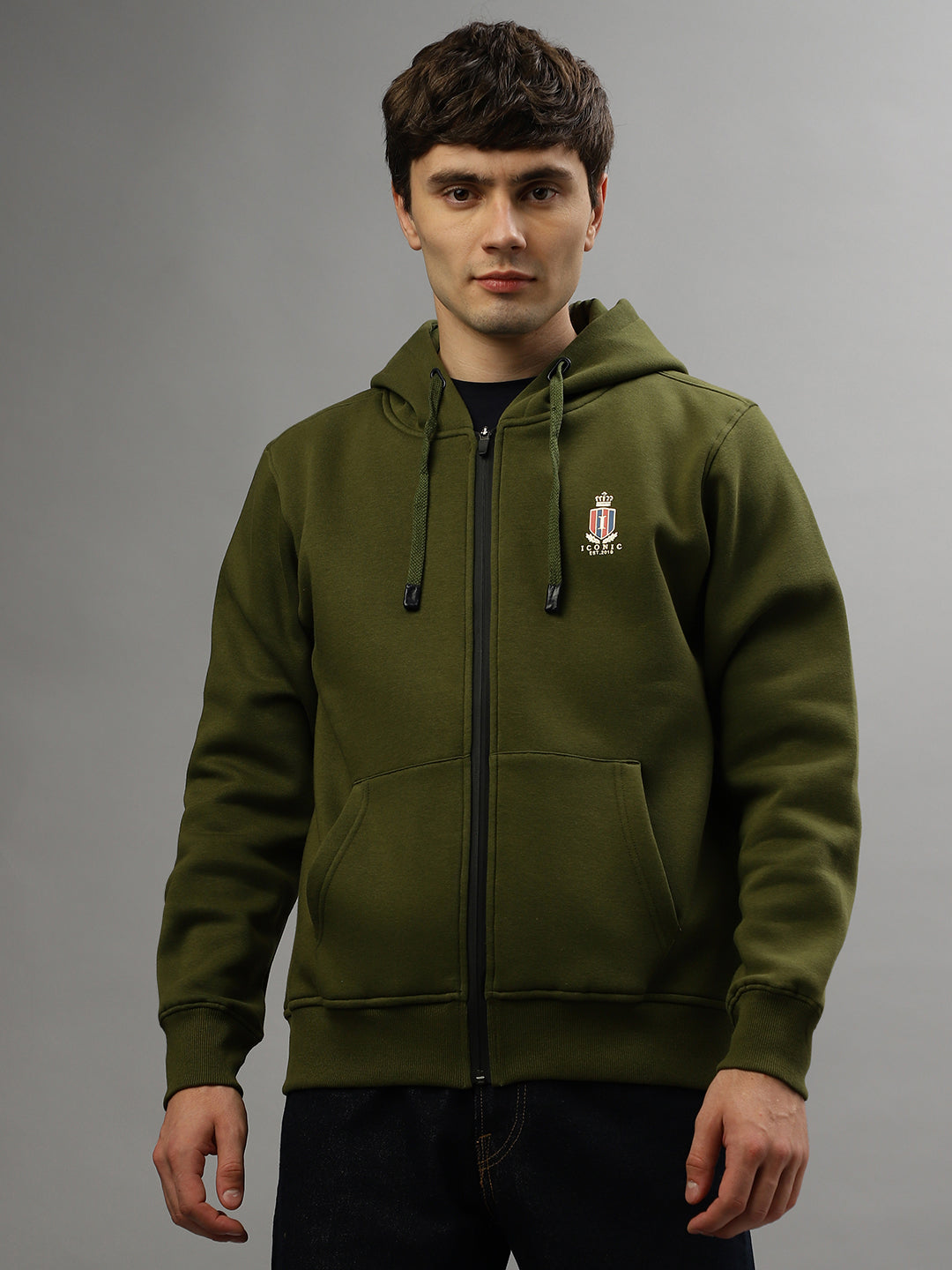 Iconic Men Green Solid Round Neck Full Sleeves Sweatshirt