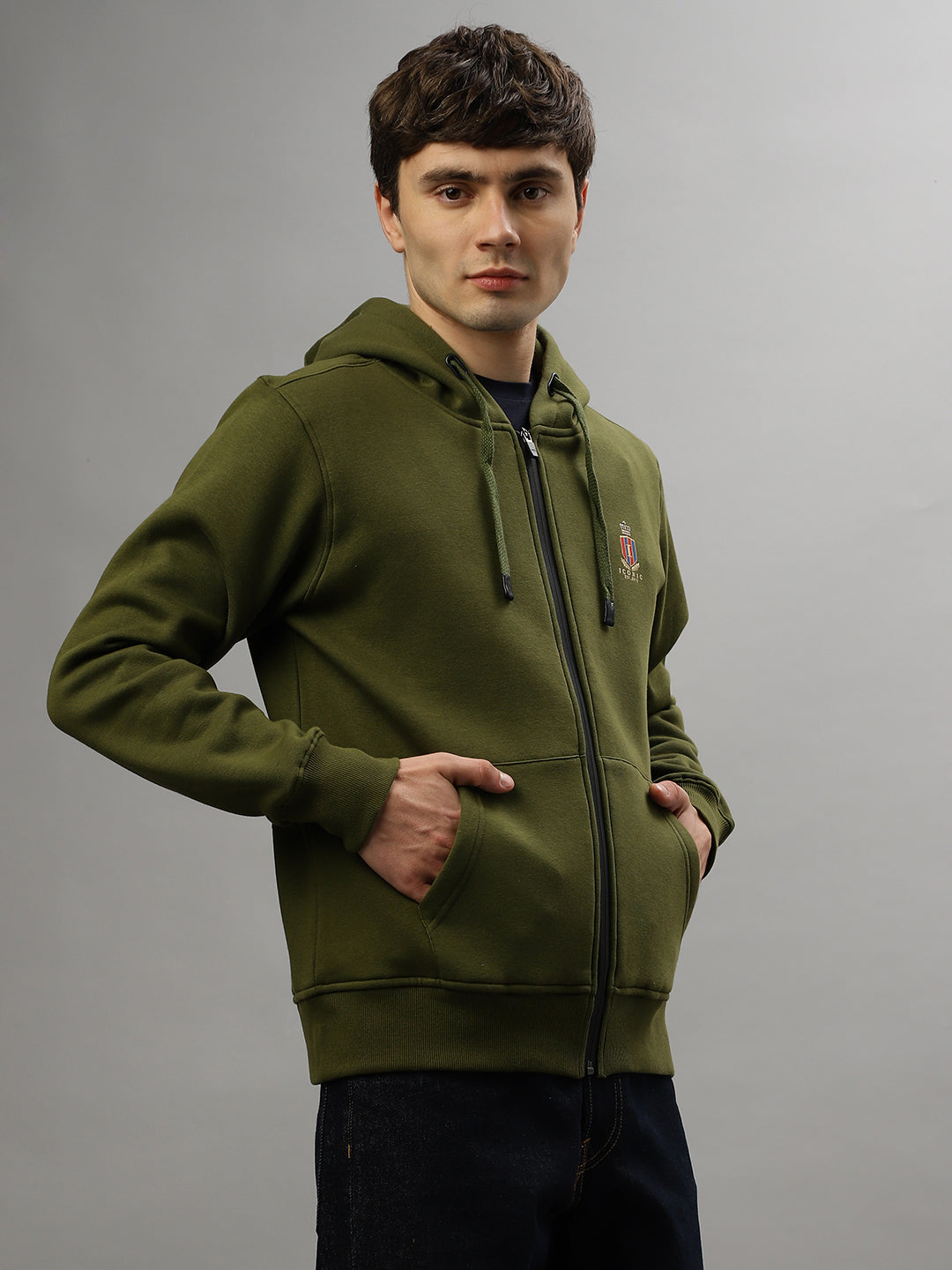 Iconic Men Green Solid Round Neck Full Sleeves Sweatshirt