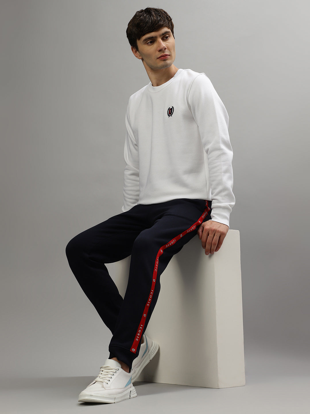 Iconic Men White Solid Round Neck Full Sleeves Sweatshirt