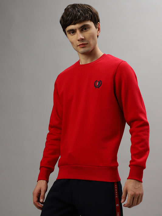 Iconic Men Red Solid Round Neck Full Sleeves Sweatshirt