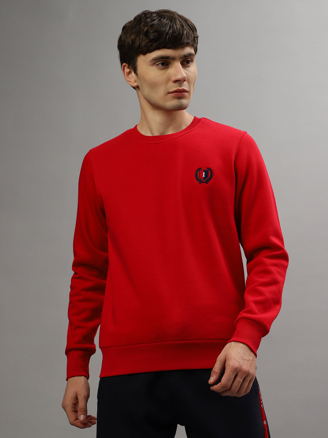 Iconic Men Red Solid Round Neck Full Sleeves Sweatshirt