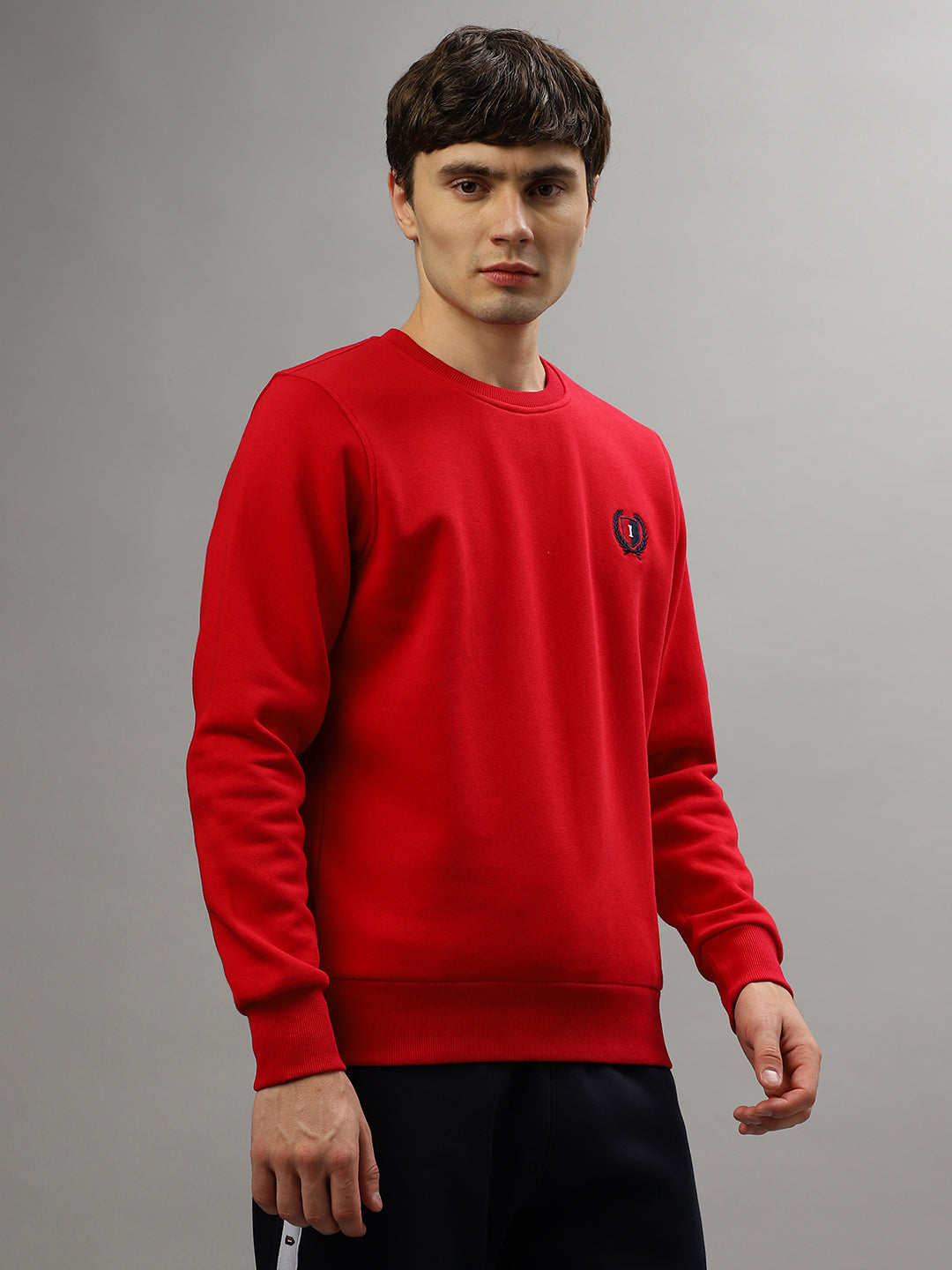 Iconic Men Red Solid Round Neck Full Sleeves Sweatshirt