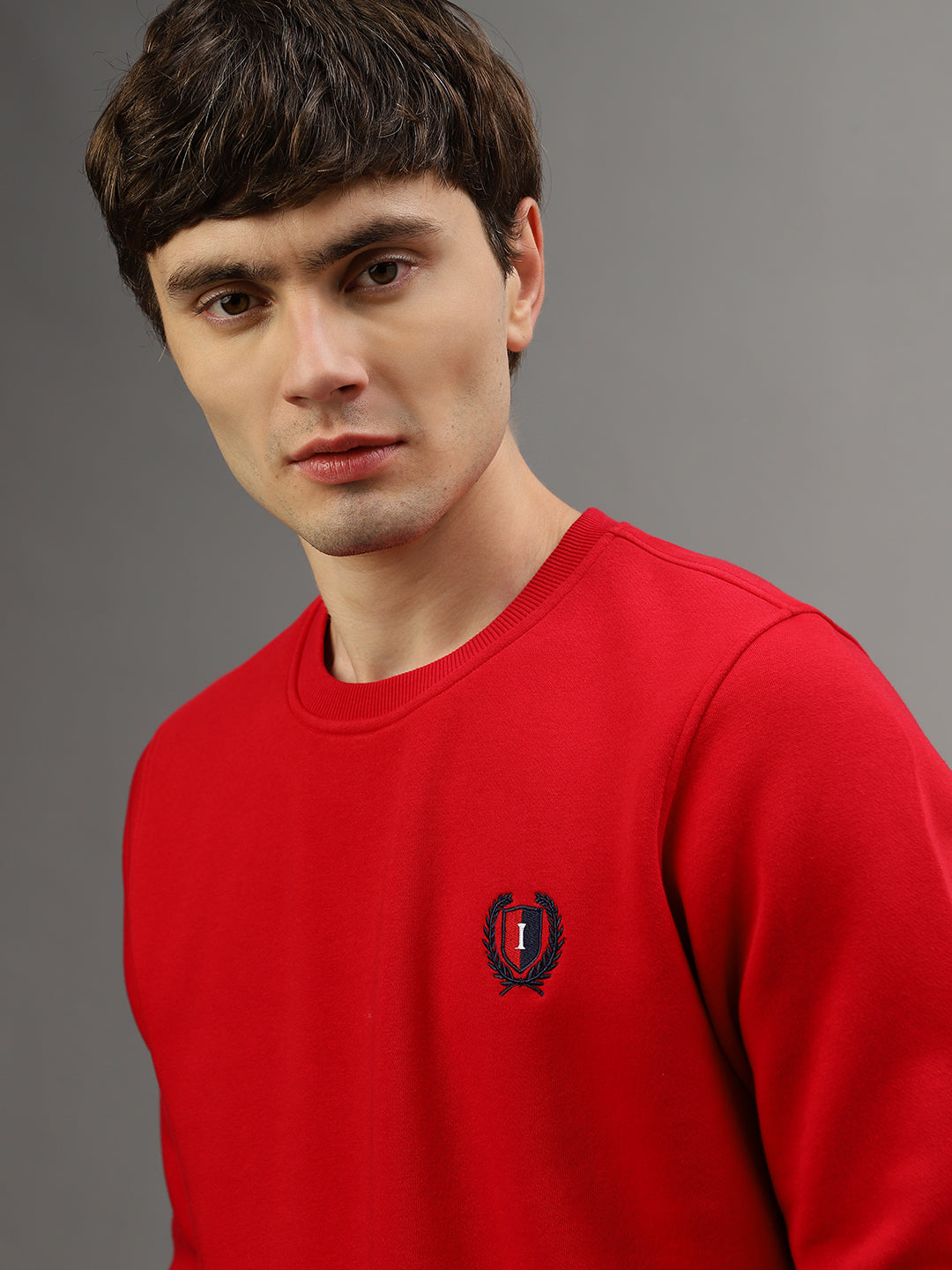 Iconic Men Red Solid Round Neck Full Sleeves Sweatshirt