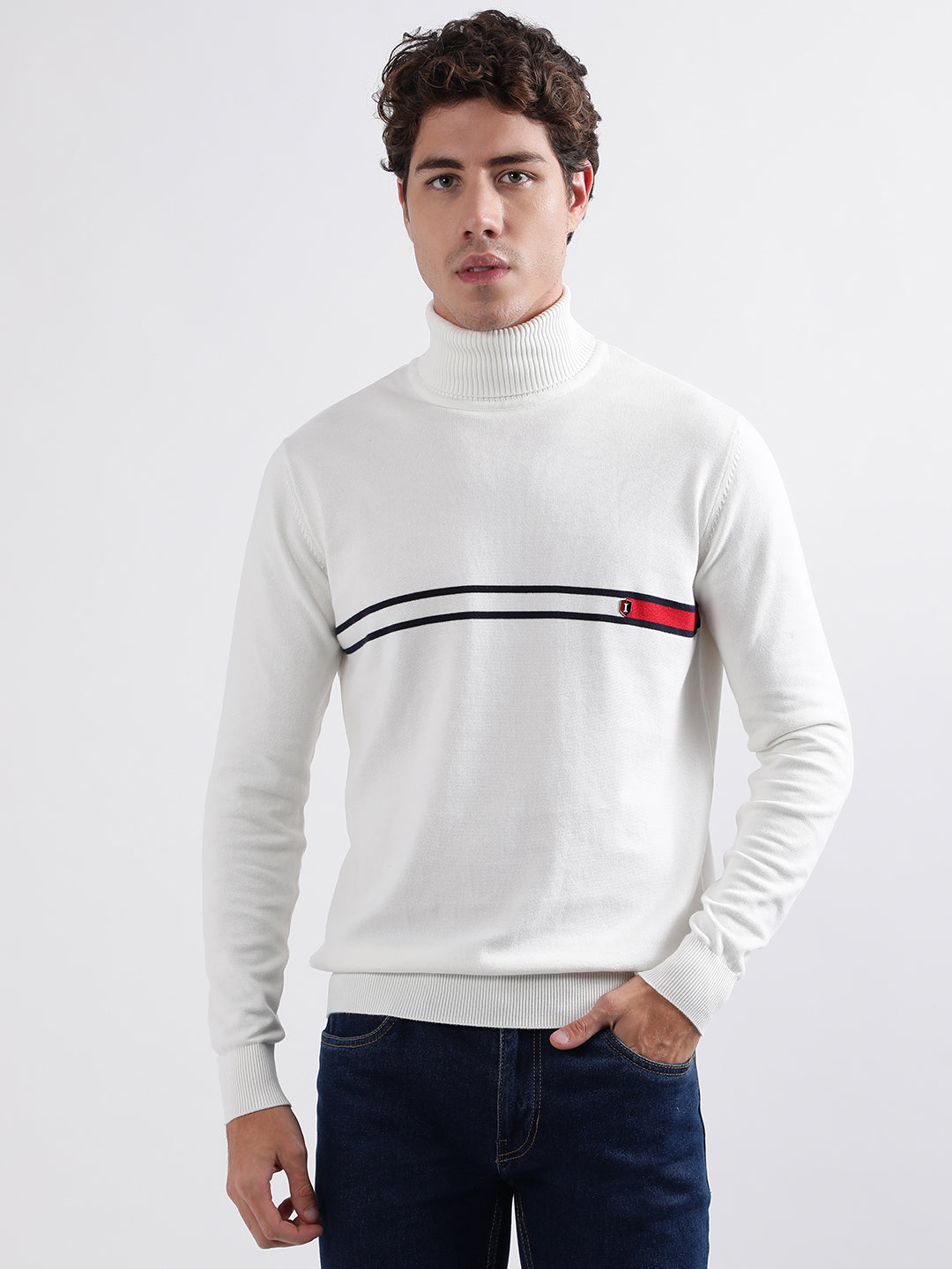 Iconic Men White Solid Turtle Neck Full Sleeves Pullover Style Sweater