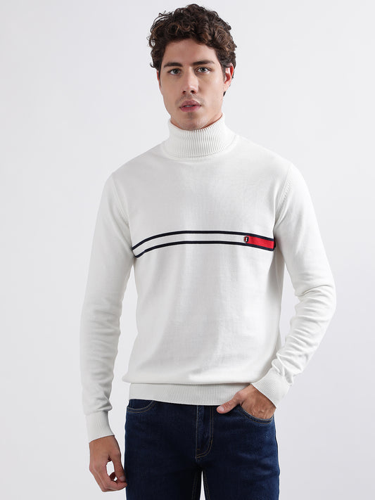 Iconic Men White Solid Turtle Neck Full Sleeves Pullover Style Sweater