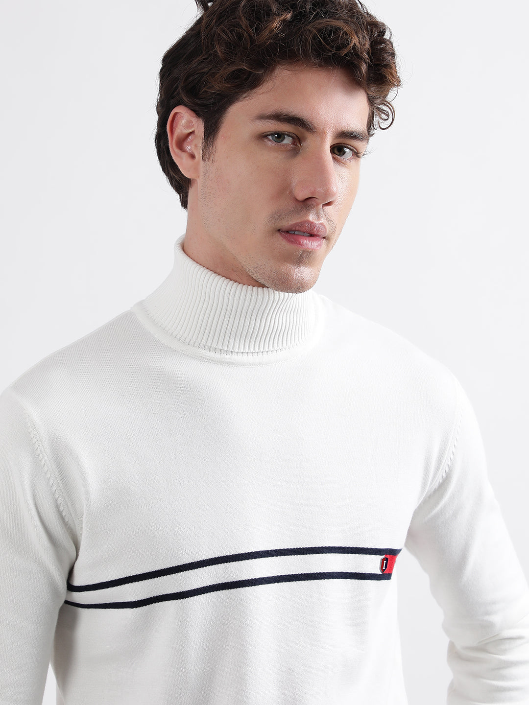 Iconic Men White Solid Turtle Neck Full Sleeves Pullover Style Sweater