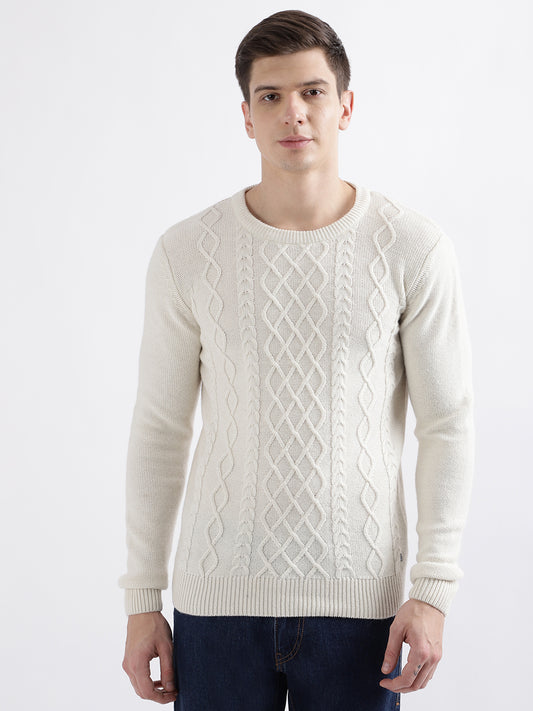 Iconic Men White Self Design Round Neck Full Sleeves Sweater