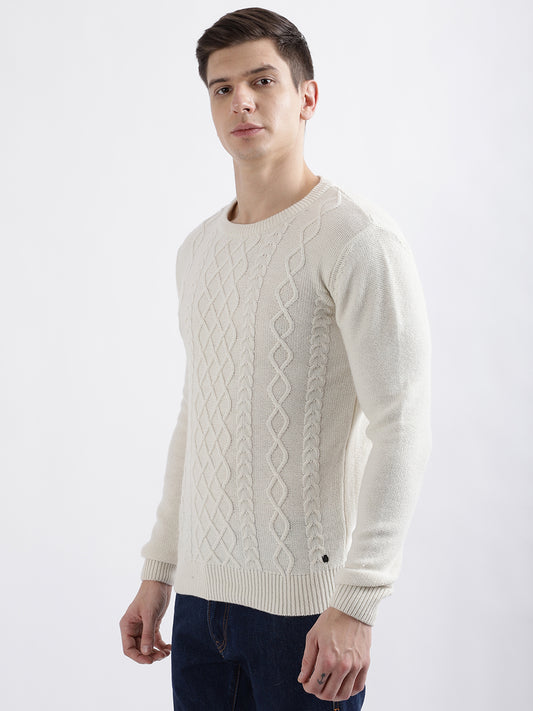 Iconic Men White Self Design Round Neck Full Sleeves Sweater