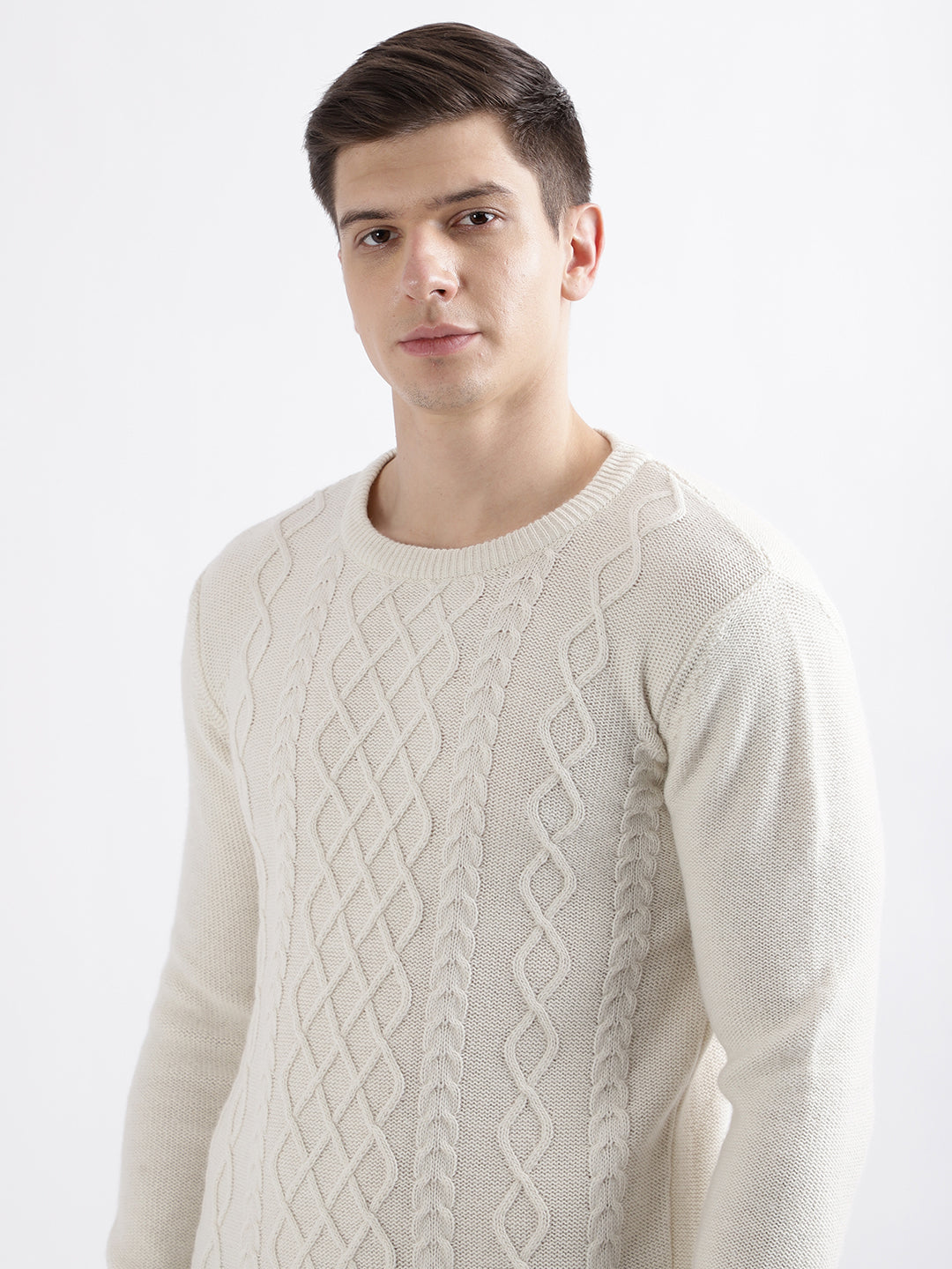 Iconic Men White Self Design Round Neck Full Sleeves Sweater