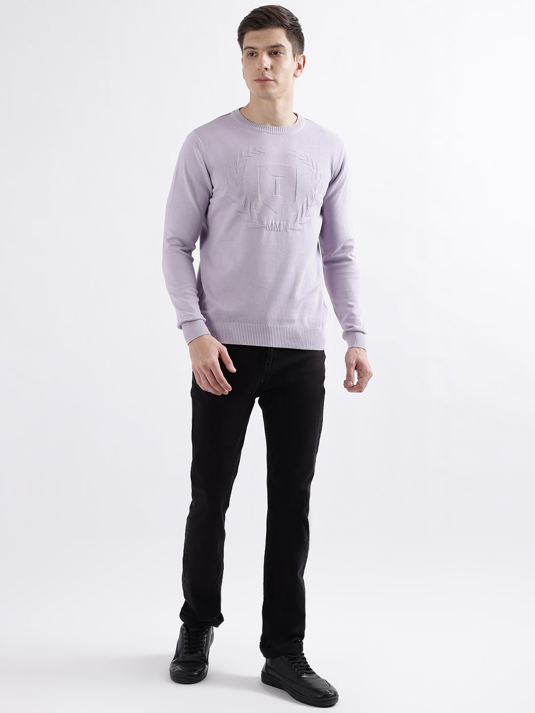 Iconic Men Purple Solid Round Neck Full Sleeves Sweater