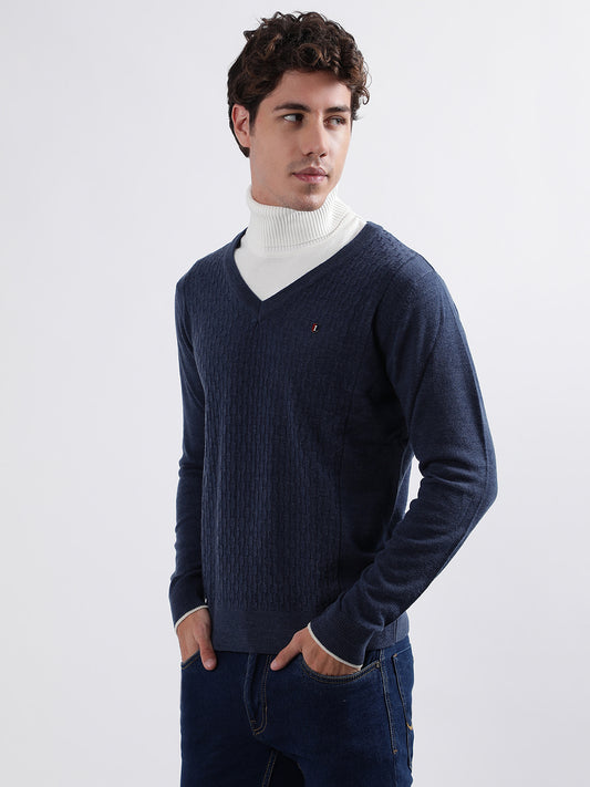 Iconic Men Navy Blue Solid V-Neck Full Sleeves Pullover Style Sweater