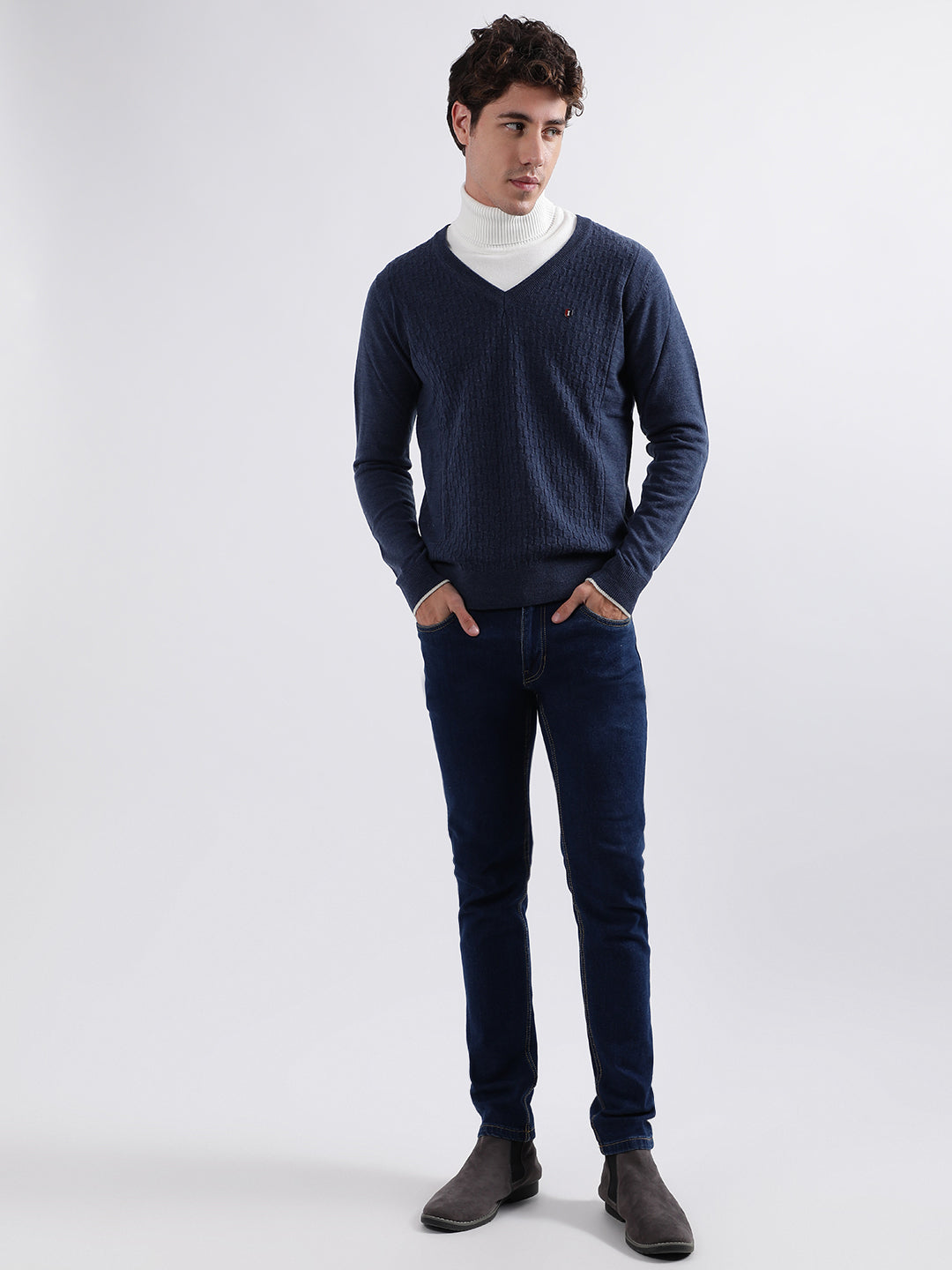 Iconic Men Navy Blue Solid V-Neck Full Sleeves Pullover Style Sweater