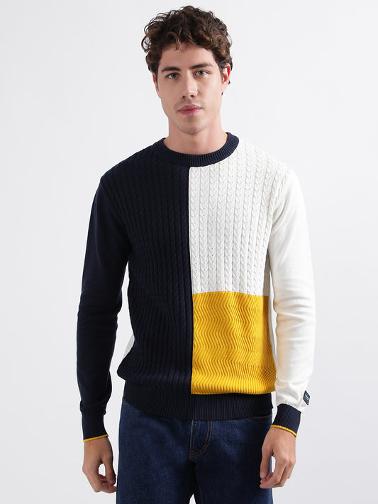 Iconic Men Multicolor Colorblocked Round Neck Full Sleeves Pullover Style Sweater