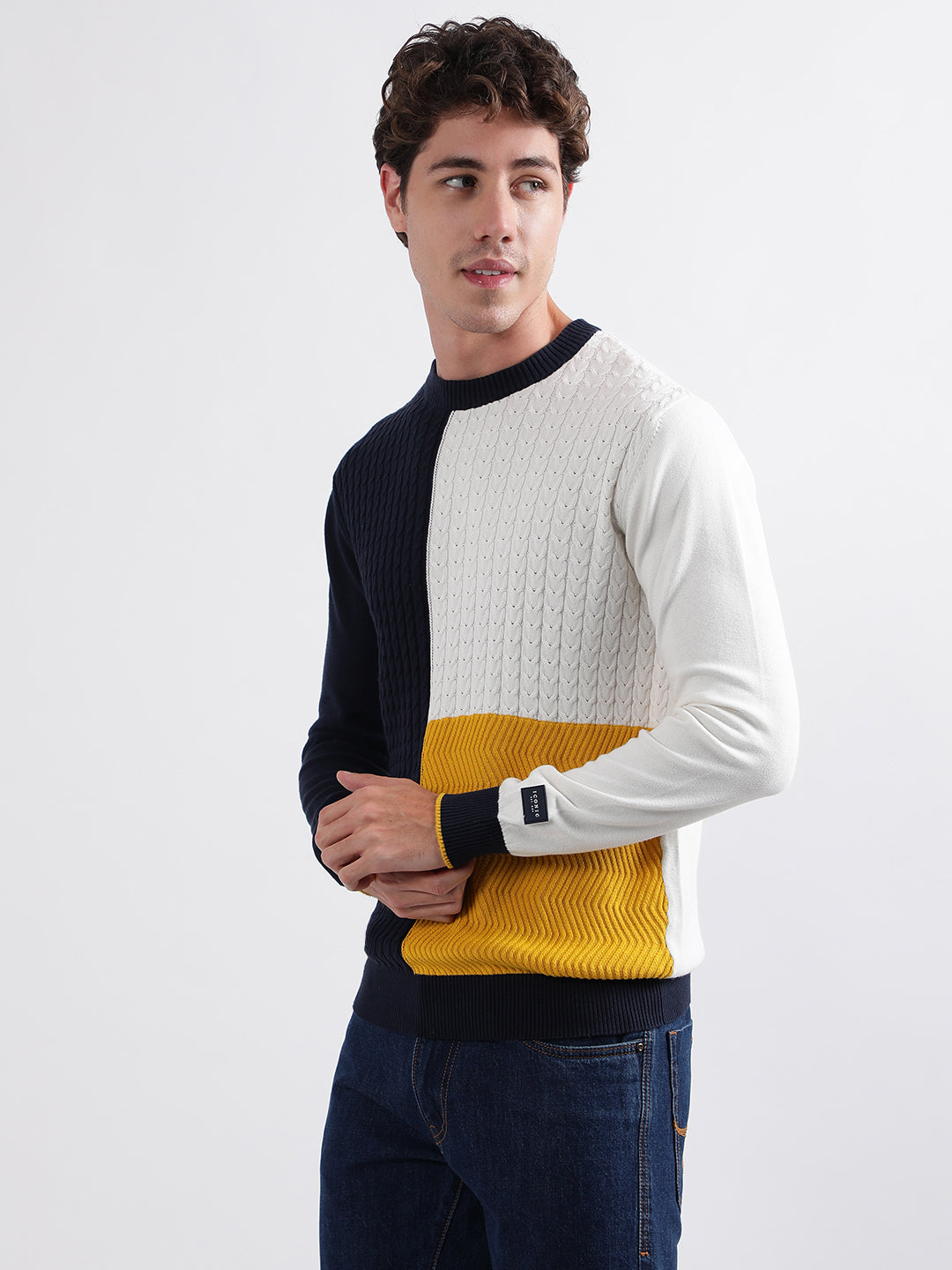 Iconic Men Multicolor Colorblocked Round Neck Full Sleeves Pullover Style Sweater