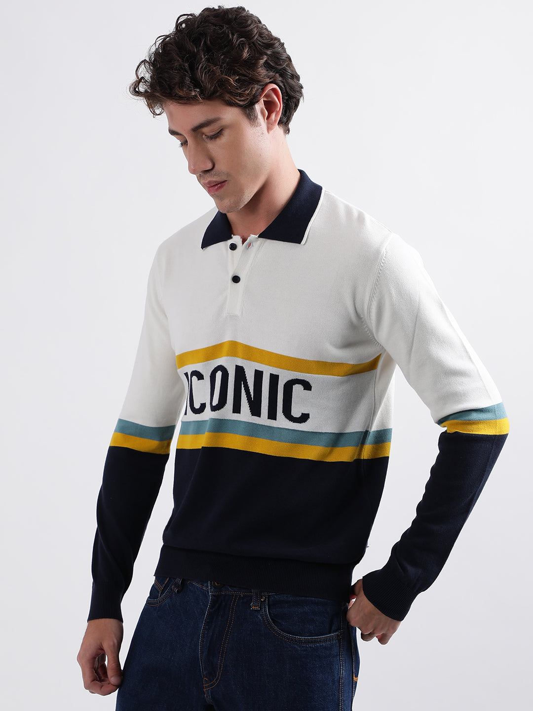 Iconic Men Multicolor Colorblocked Polo Collar Full Sleeves Pullover Style Sweater