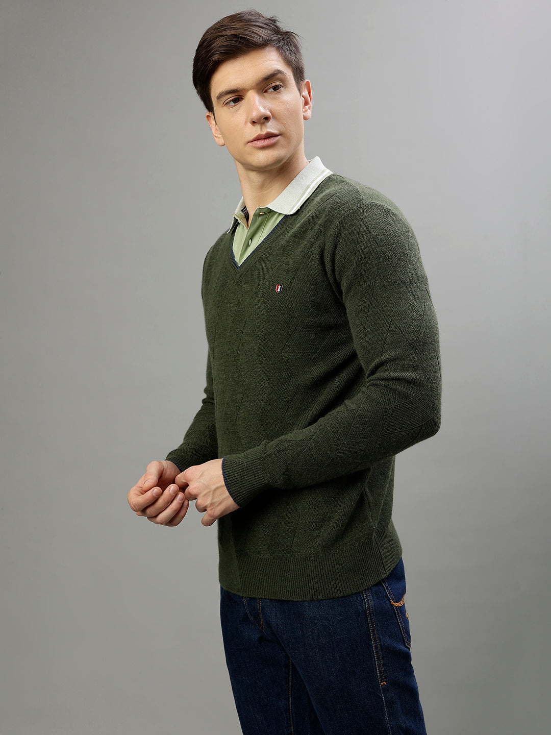 Iconic Men Green Solid V-Neck Full Sleeves Sweater