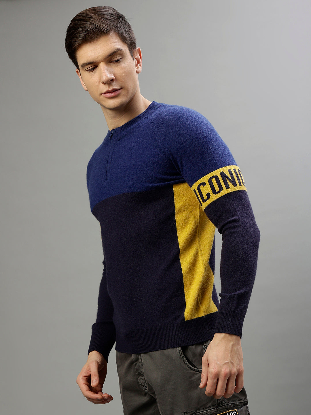 Iconic Men Multicolor Colorblocked Round Neck Full Sleeves Sweater