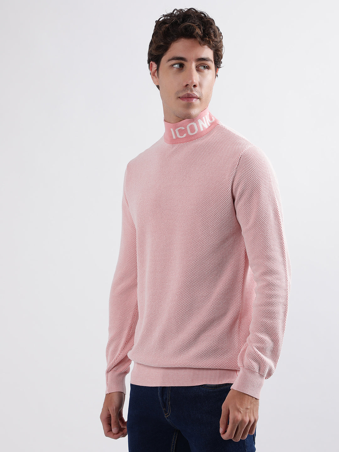 Iconic Men Pink Knitted High Neck Full Sleeves Pullover Style Sweater