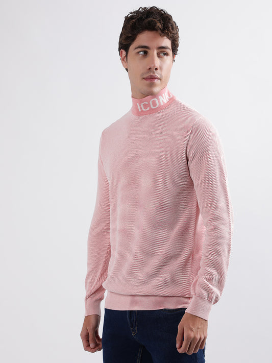 Iconic Men Pink Knitted High Neck Full Sleeves Pullover Style Sweater