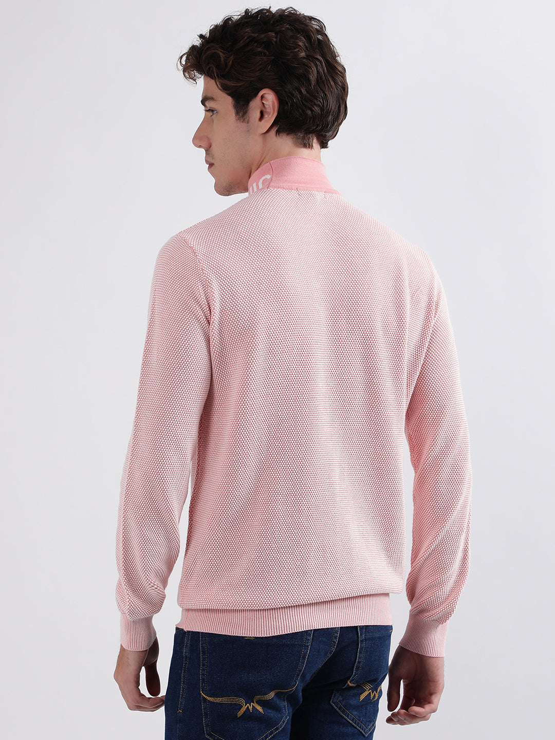 Iconic Men Pink Knitted High Neck Full Sleeves Pullover Style Sweater