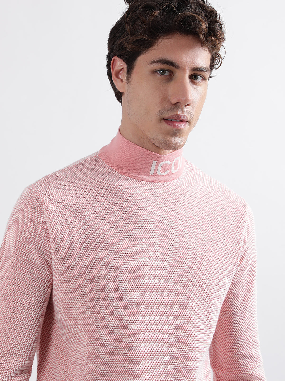 Iconic Men Pink Knitted High Neck Full Sleeves Pullover Style Sweater