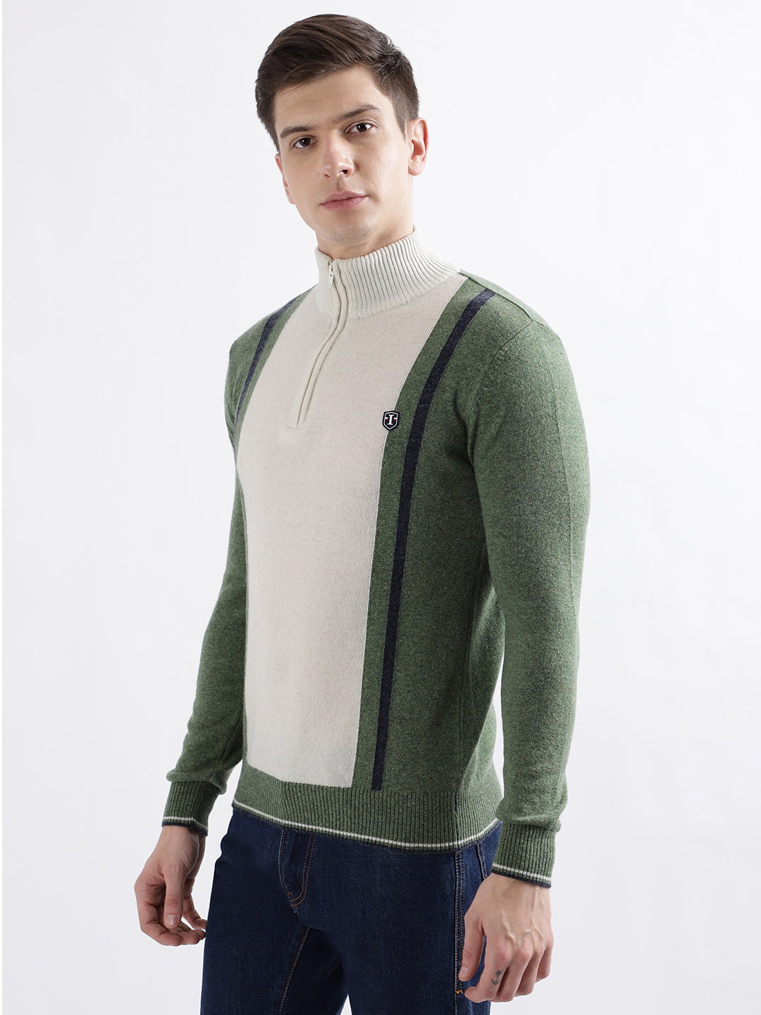 Iconic Men Olive Colorblocked High Neck Full Sleeves Sweater