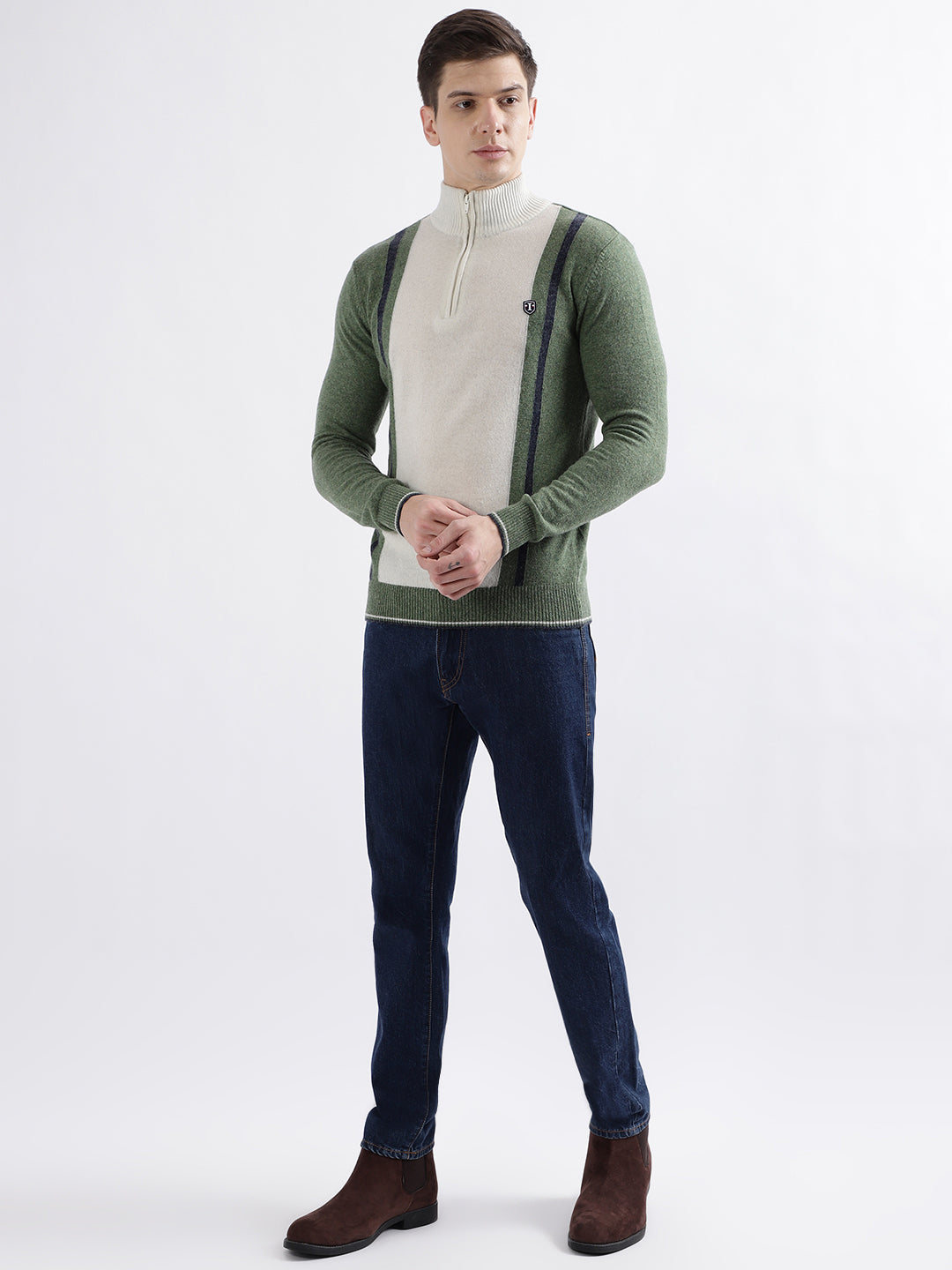 Iconic Men Olive Colorblocked High Neck Full Sleeves Sweater