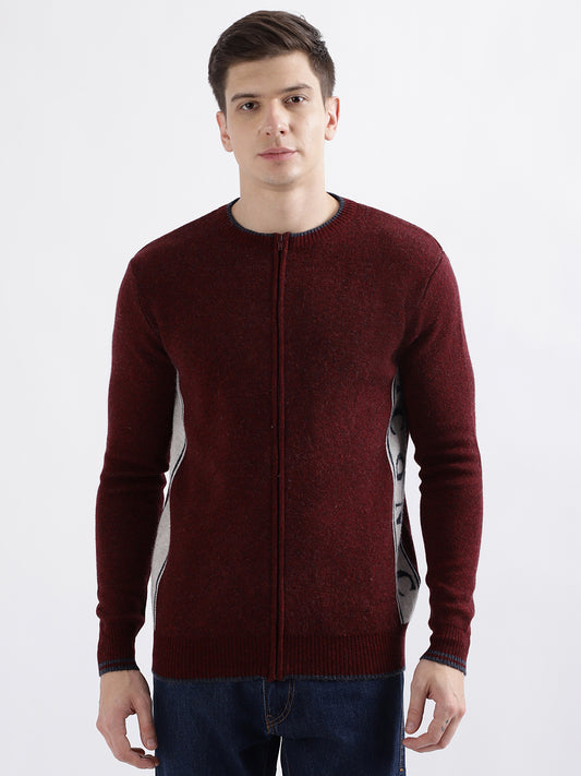 Iconic Men Maroon Solid Round Neck Full Sleeves Sweater