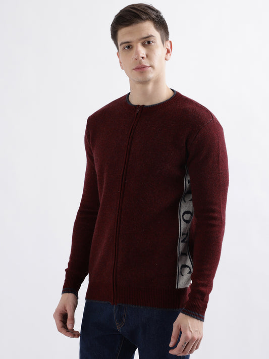 Iconic Men Maroon Solid Round Neck Full Sleeves Sweater