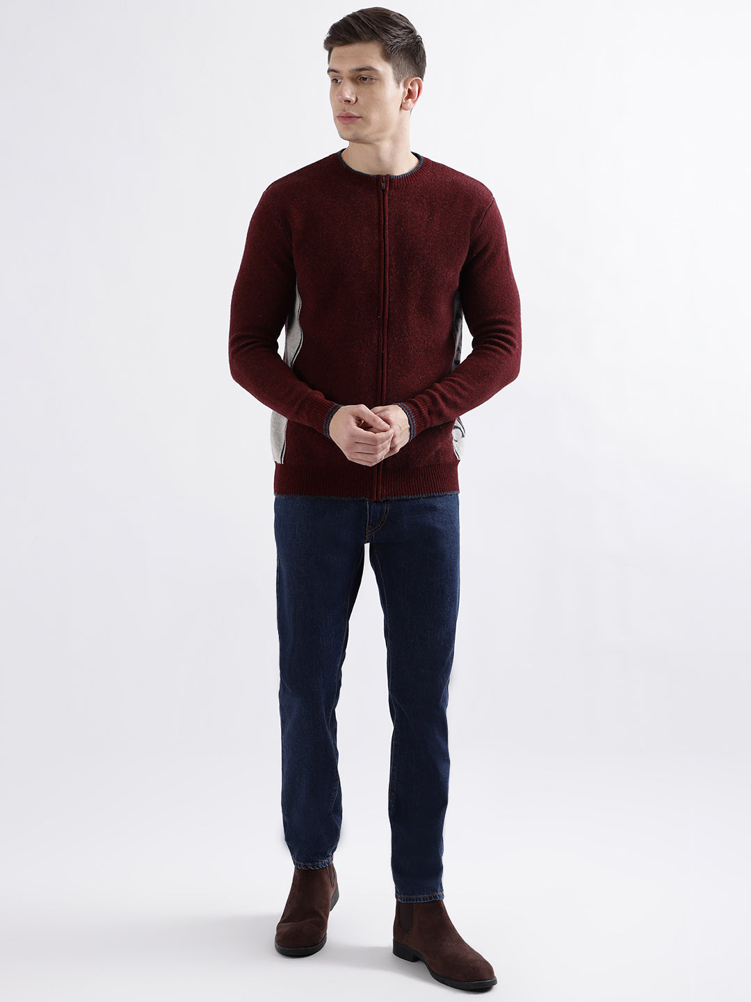 Iconic Men Maroon Solid Round Neck Full Sleeves Sweater