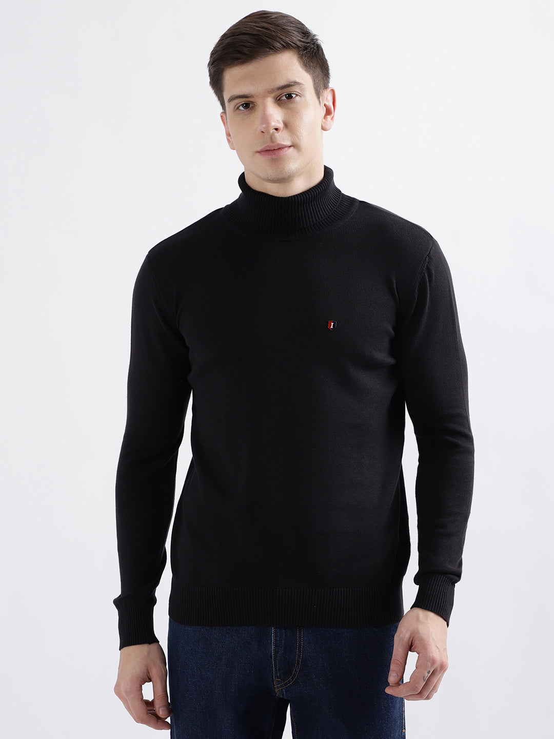 Iconic Men Black Solid Turtle Neck Full Sleeves Sweater