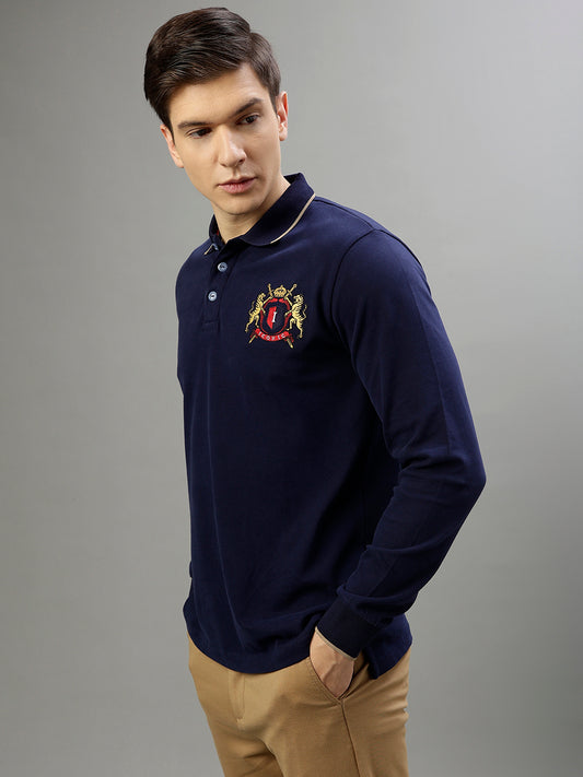 Iconic Men Navy Blue Solid Polo Collar Full Sleeves T-Shirt