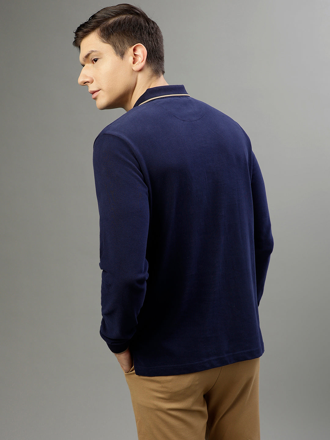 Iconic Men Navy Blue Solid Polo Collar Full Sleeves T-Shirt