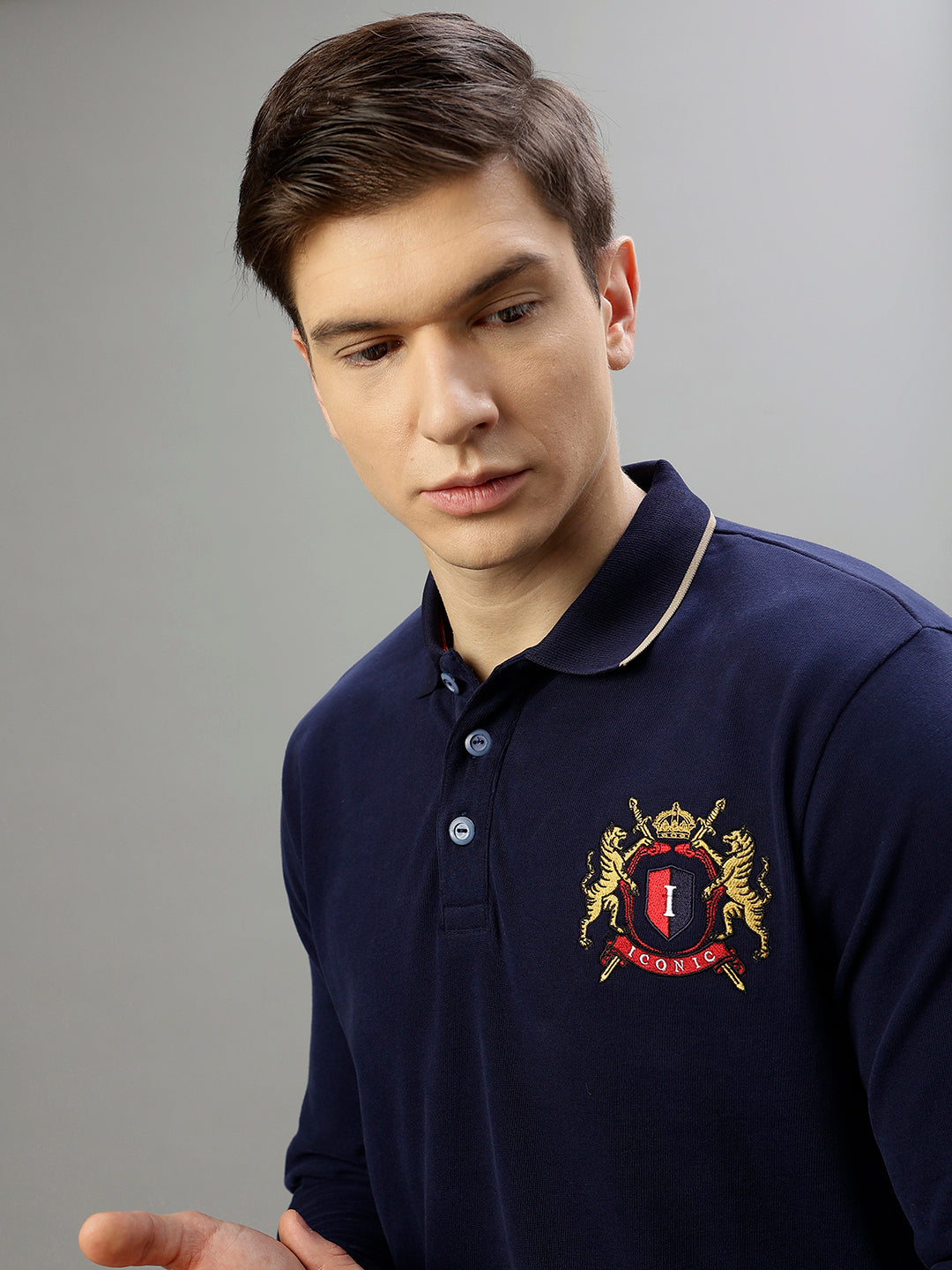 Iconic Men Navy Blue Solid Polo Collar Full Sleeves T-Shirt