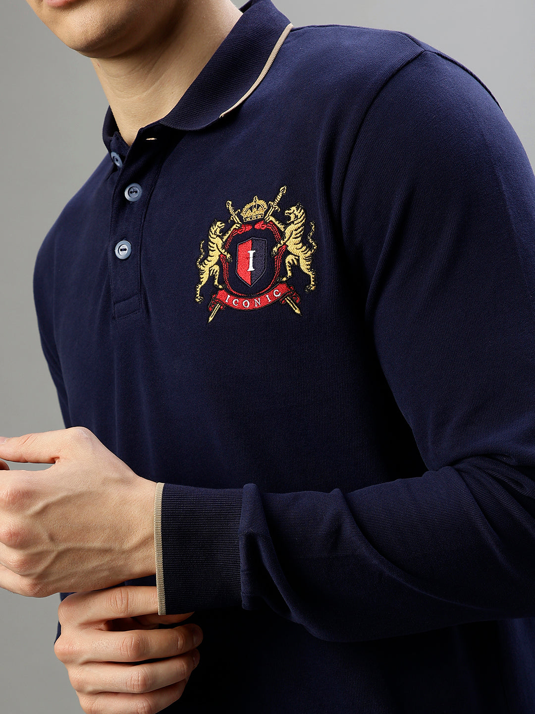 Iconic Men Navy Blue Solid Polo Collar Full Sleeves T-Shirt