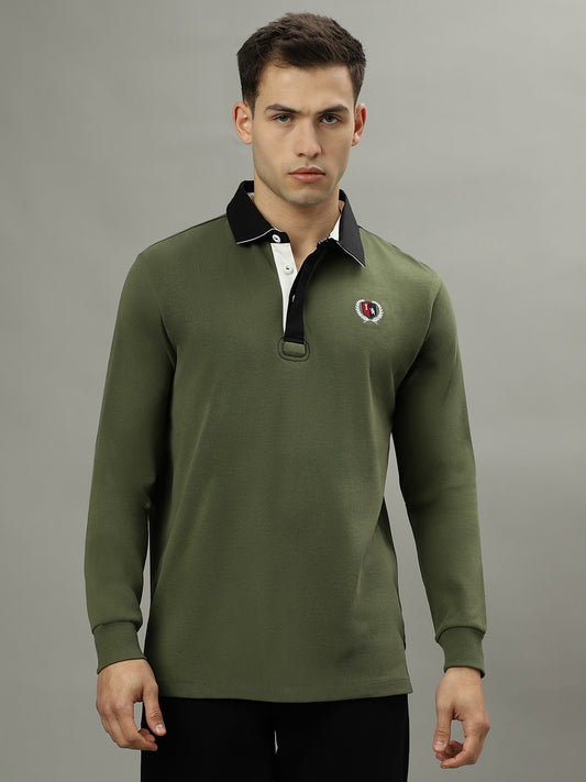 Iconic Men Green Solid Polo Collar Full Sleeves T-Shirt