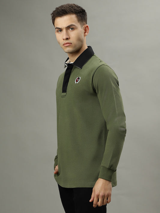 Iconic Men Green Solid Polo Collar Full Sleeves T-Shirt