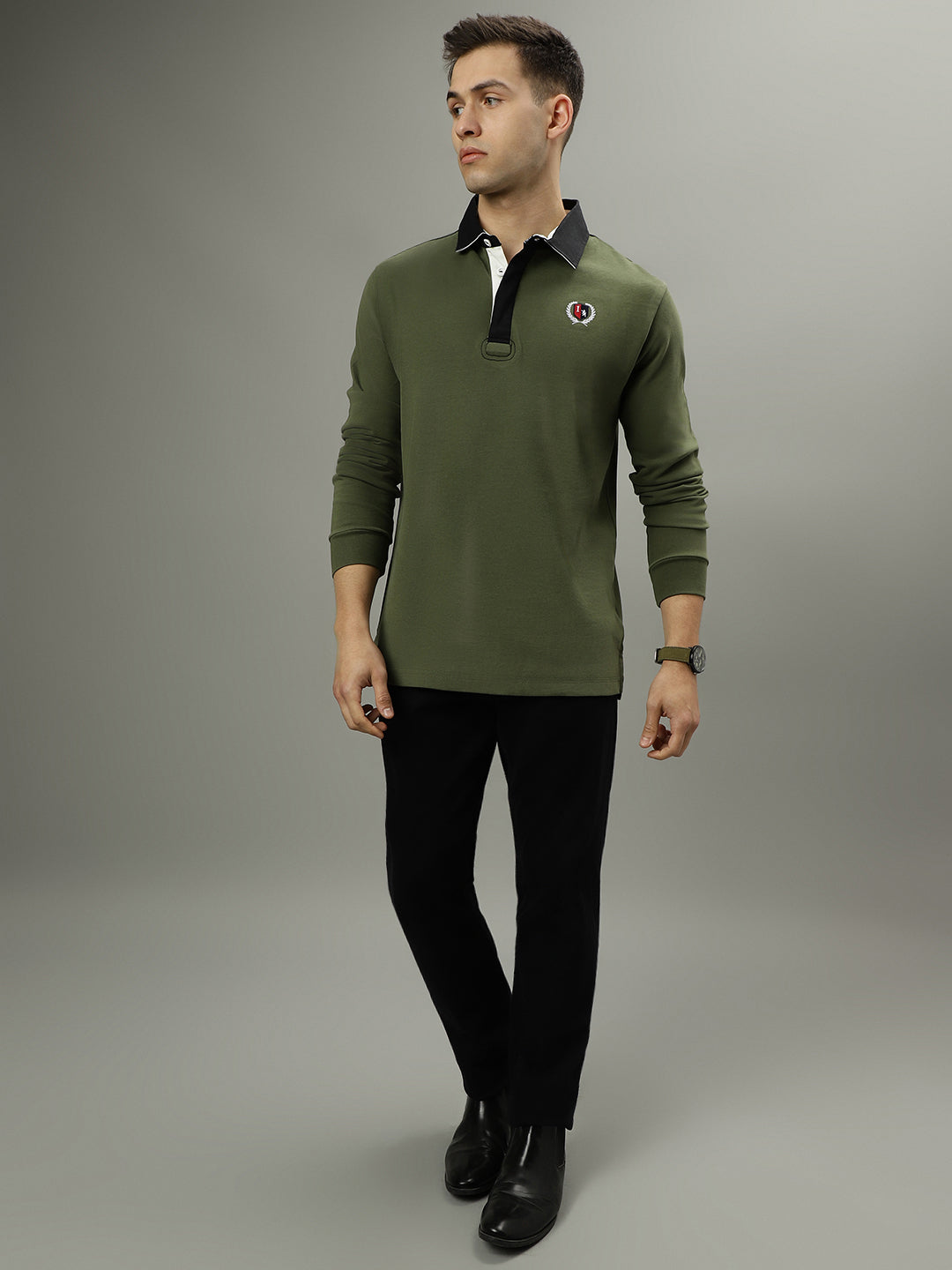 Iconic Men Green Solid Polo Collar Full Sleeves T-Shirt