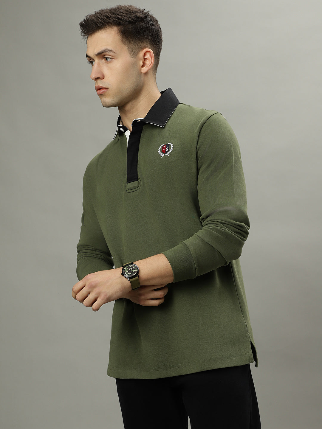 Iconic Men Green Solid Polo Collar Full Sleeves T-Shirt