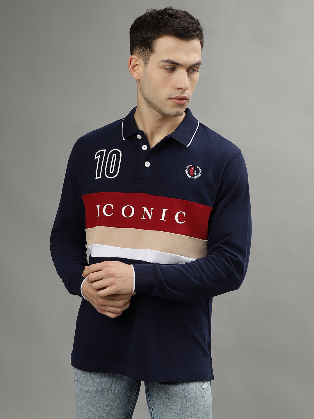 Iconic Men Multicolor Colorblocked Polo Collar Full Sleeves T-Shirt