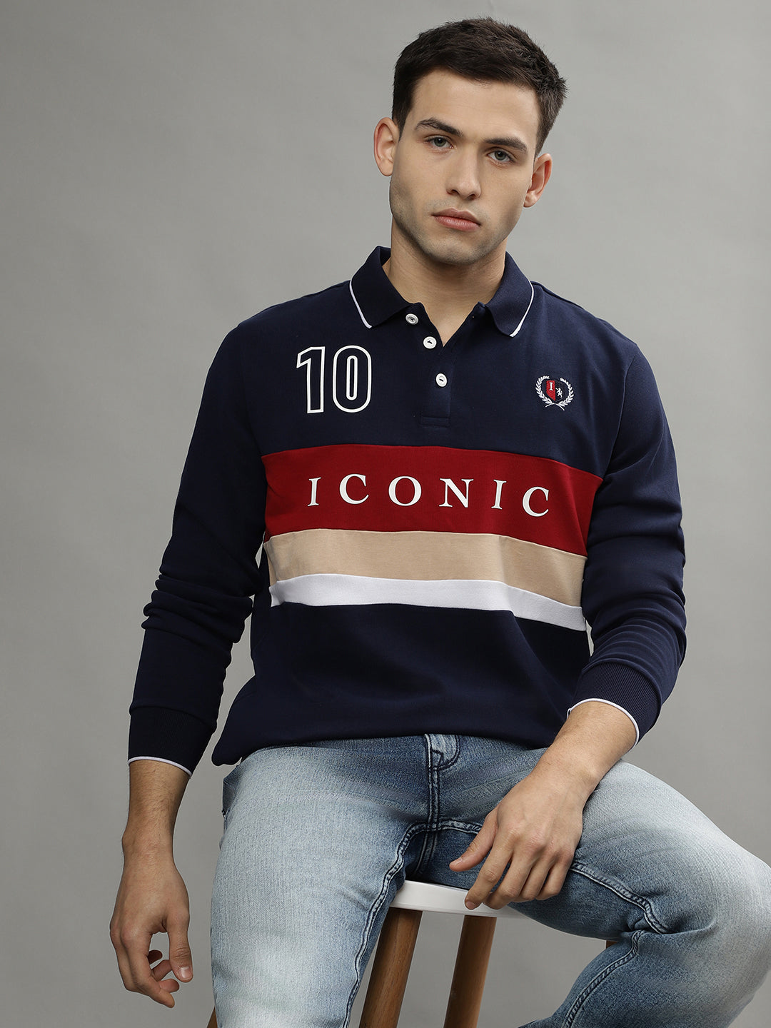 Iconic Men Multicolor Colorblocked Polo Collar Full Sleeves T-Shirt