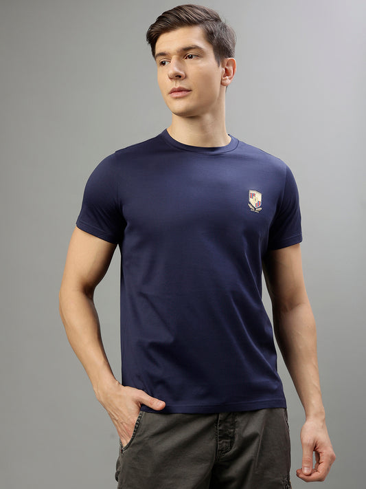 Iconic Men Navy Blue Solid Round Neck Short Sleeves T-Shirt