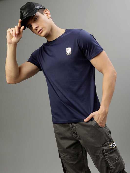 Iconic Men Navy Blue Solid Round Neck Short Sleeves T-Shirt