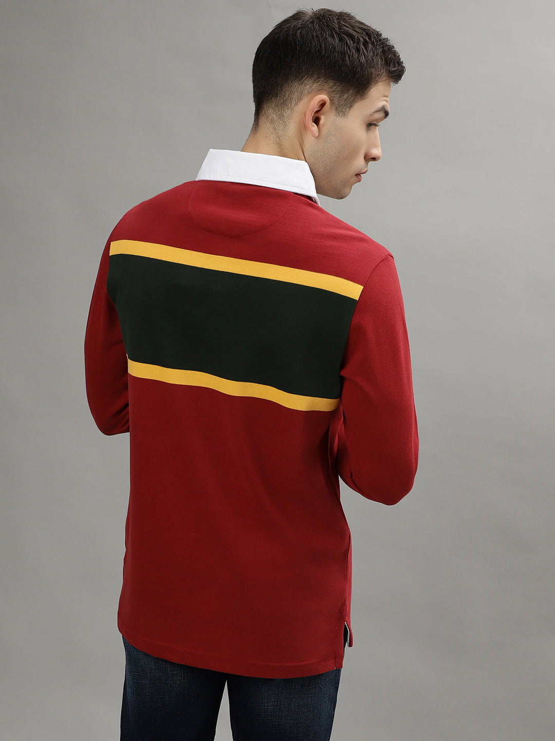 Iconic Men Red Colorblocked Polo Collar Full Sleeves T-Shirt