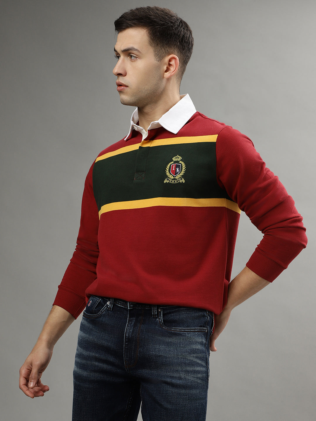 Iconic Men Red Colorblocked Polo Collar Full Sleeves T-Shirt